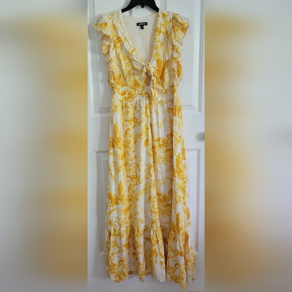 Express Yellow Gold Printed Flutter Sleeve Tie Front Midi Linen-Blend Dress Sz S - Picture 8 of 9